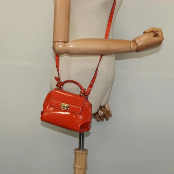 Salvatore Ferragamo Gancini Hand Bag Enamel 2way Orange Gold Auth - Picture 14 of 16